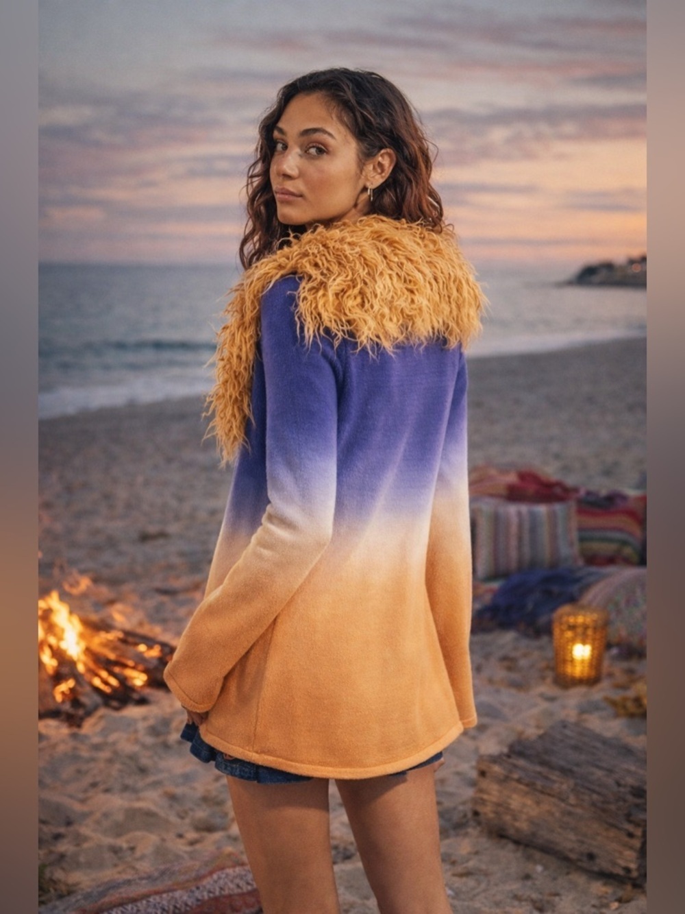 House of Sunny Desert Rose Peggy Ombre Cardigan Faux Fur S - Picture 2 of 10